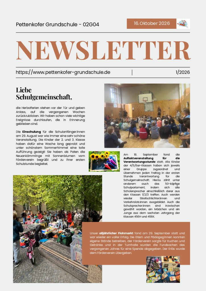 Titelseite des Pettenkofer-Schulnewsletters, Ausgabe 1/2026